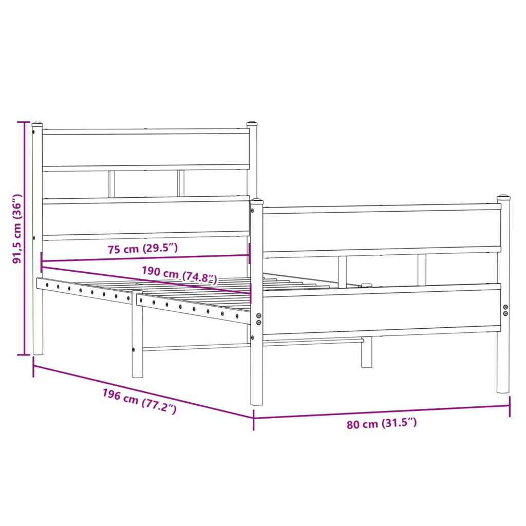 Metal Bed Frame without Mattress Smoked Oak 75x190 cm Small Single - Heavenlybeds
