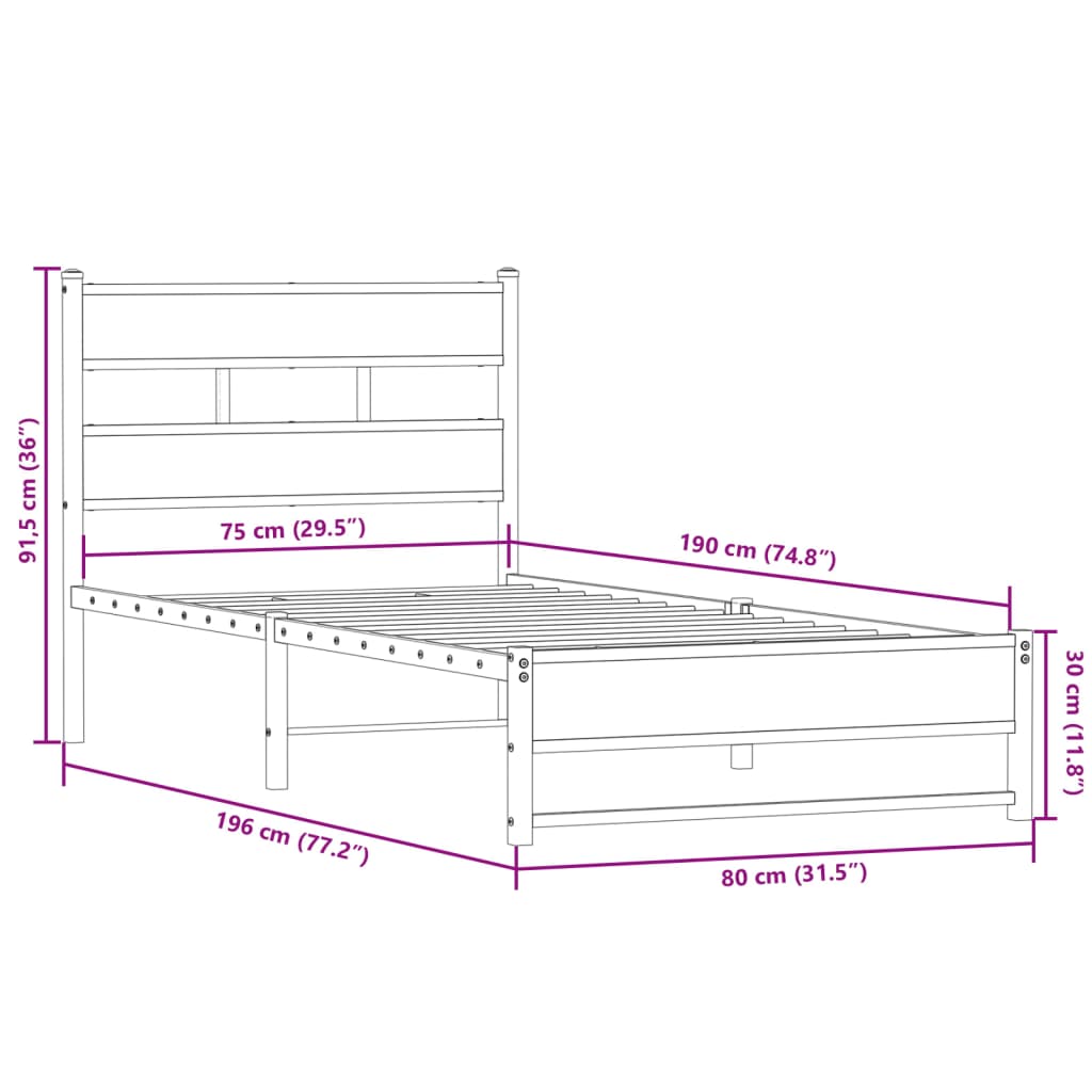 Metal Bed Frame without Mattress Smoked Oak 75x190 cm Small Single - Heavenlybeds