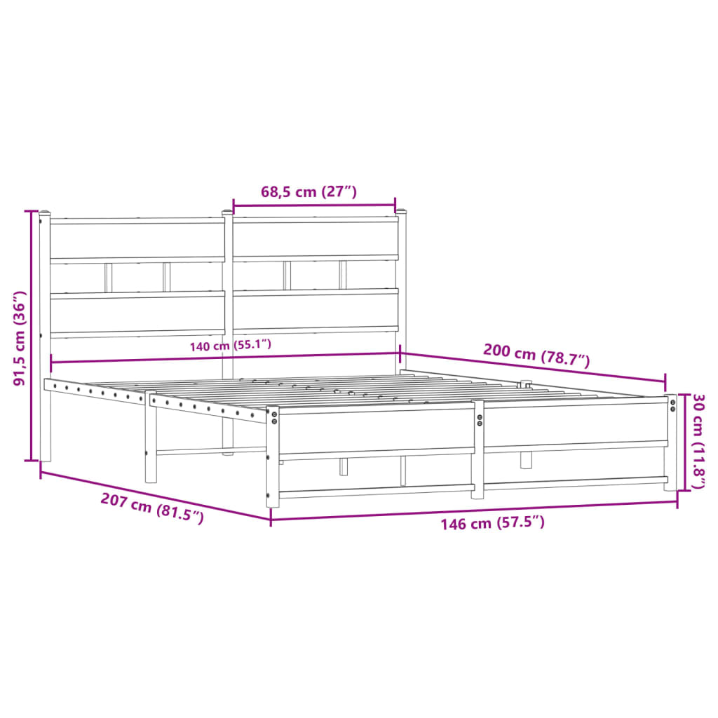 Metal Bed Frame without Mattress Smoked Oak 140x200 cm - Heavenlybeds