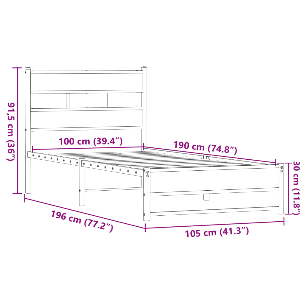 Metal Bed Frame without Mattress Brown Oak 100x190 cm - Heavenlybeds