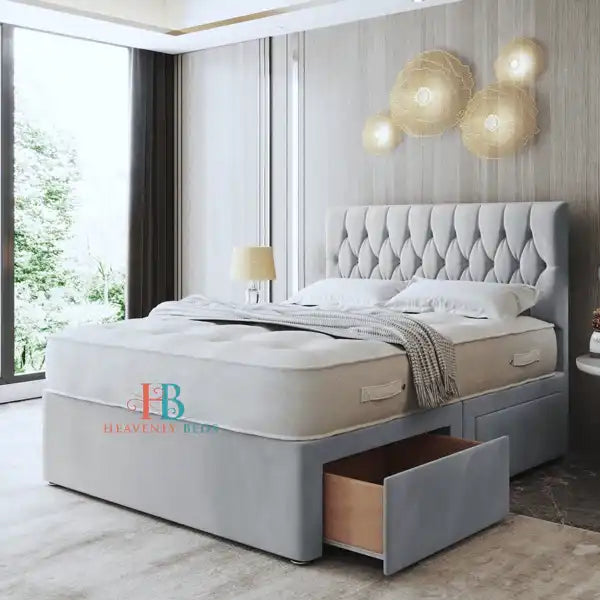 Kiara Chesterfield Divan Bed 5ft Kingsize Grey Headboard