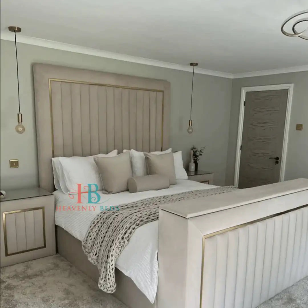 Madison Gold Border TV Bed Frame 6ft2 Headboard - Heavenlybeds