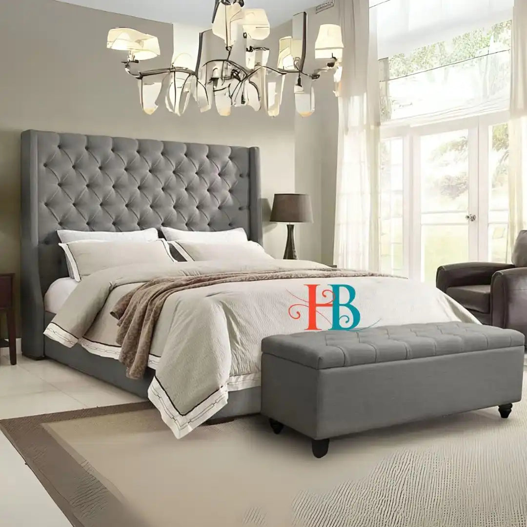 Curved Wingback Bed Frame + 5ft King Size + Ottoman storage