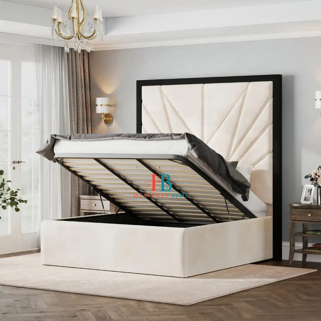 Upholstered bed frame with metal gas lift storage - 6ft Superking size bed made by Heavenlybeds