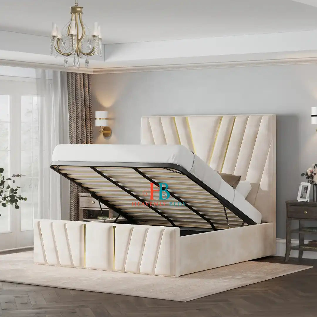 Cream Storage Bed with metal gas lift made by Heavenlybeds