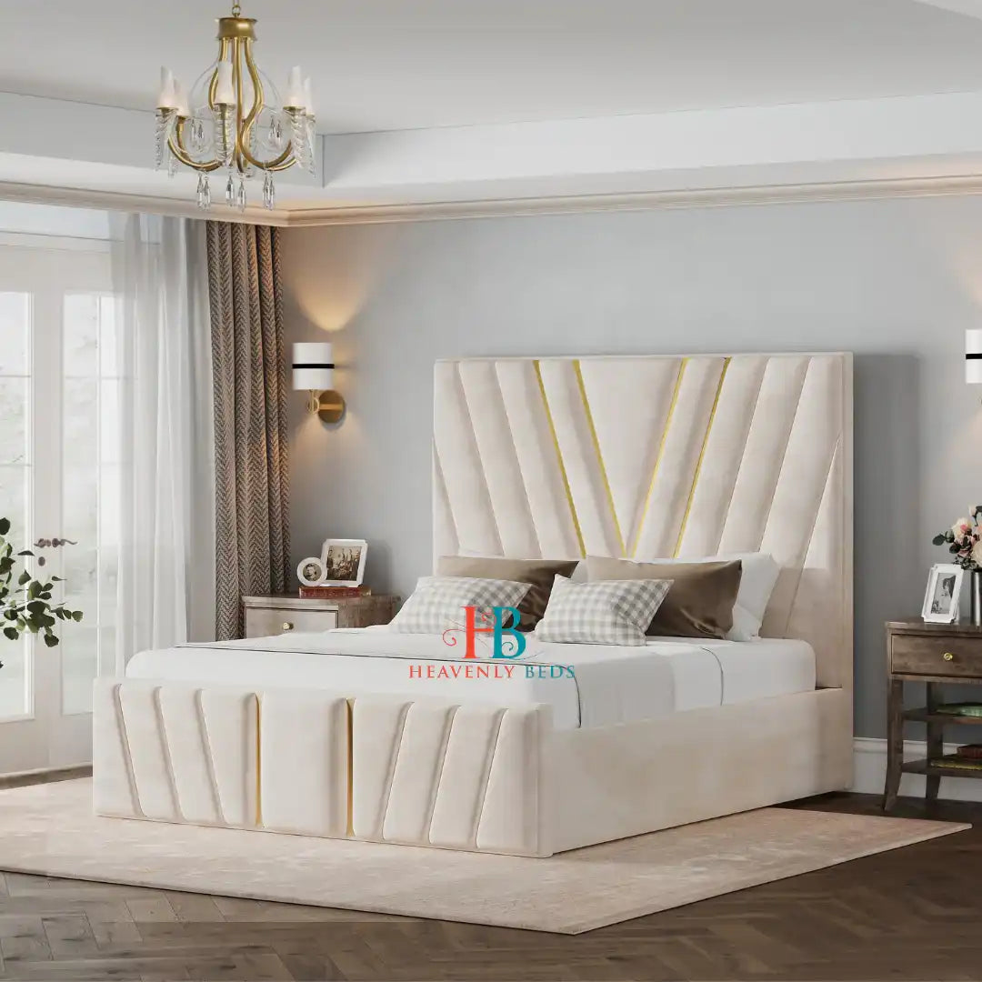 Upholstered cream king size bed frame made by Heavenlybeds