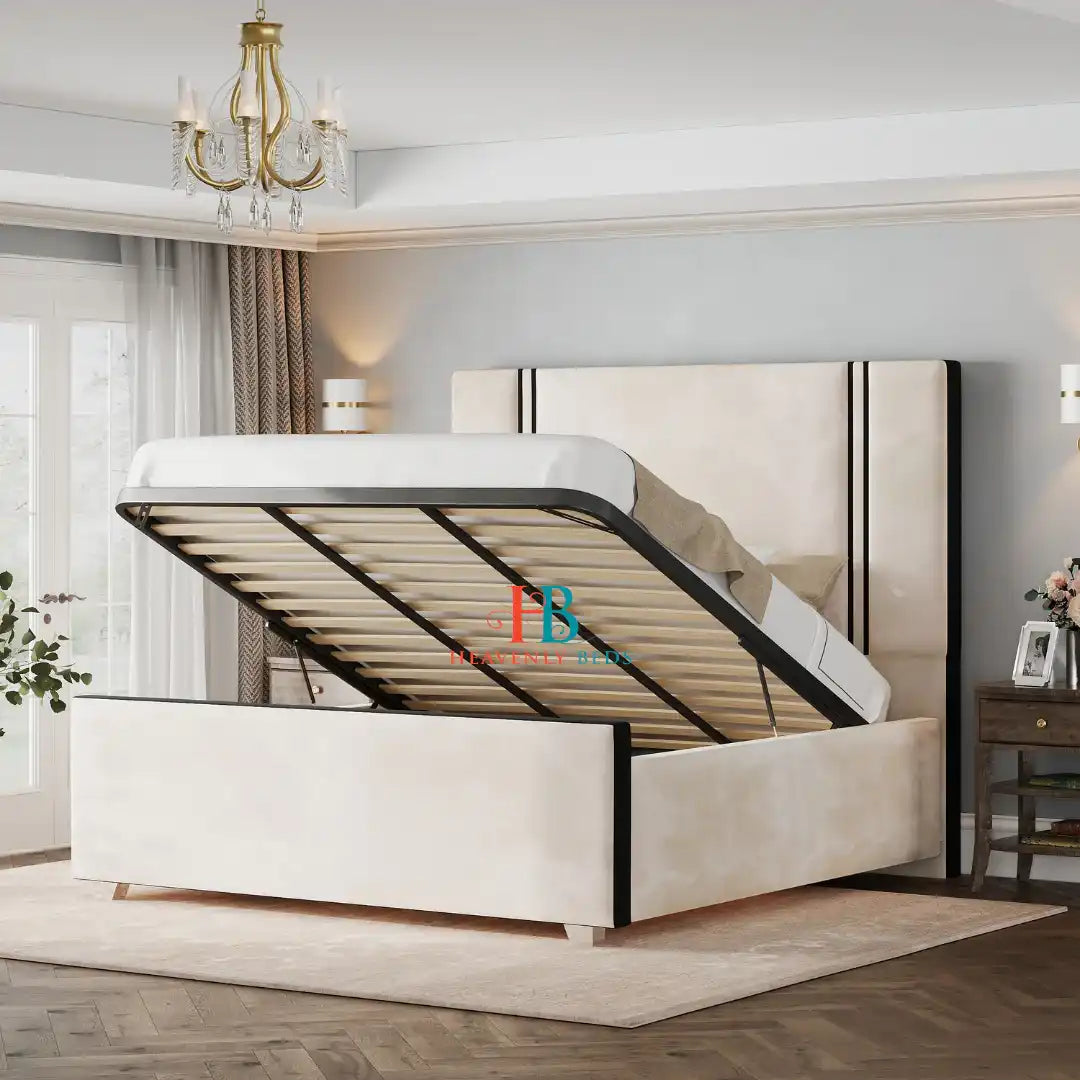 Border Storage Bed Frame in cream plush velvet - 5ft King Size made by Heavenlybeds