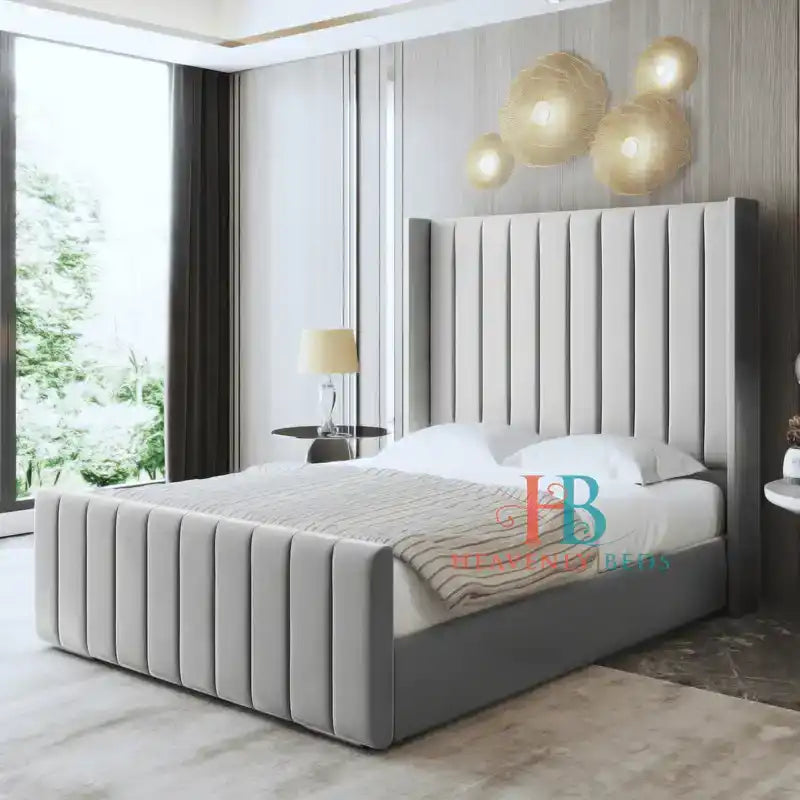 Panel Upholstered Wing Bed Frame Silver Velvet - King size bed