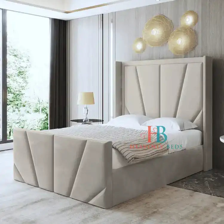 Wingback Bedframe in cream plush velvet + 65" high headboard