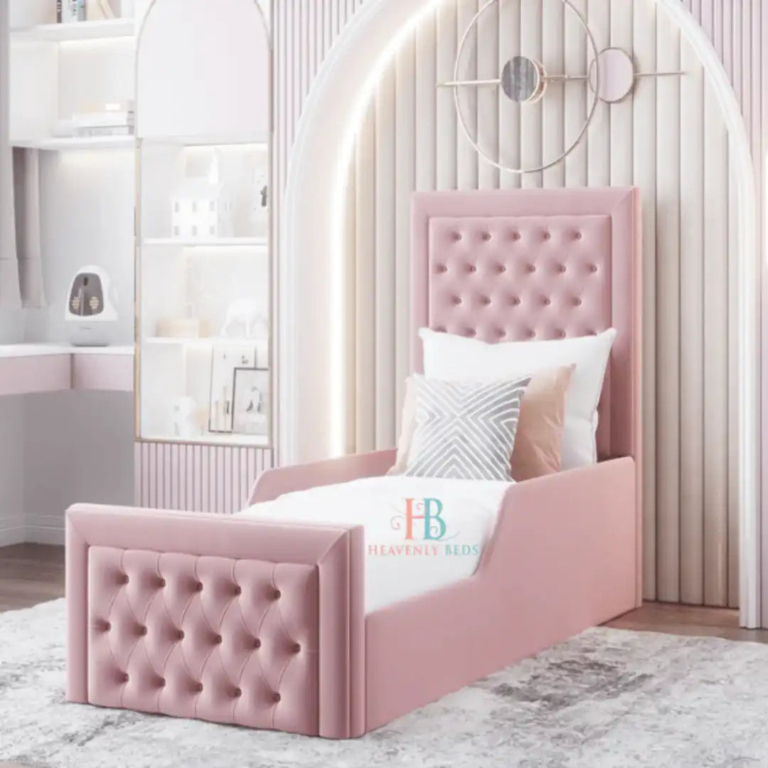 Kids Bedframe in baby pink plush velvet + safety side rails