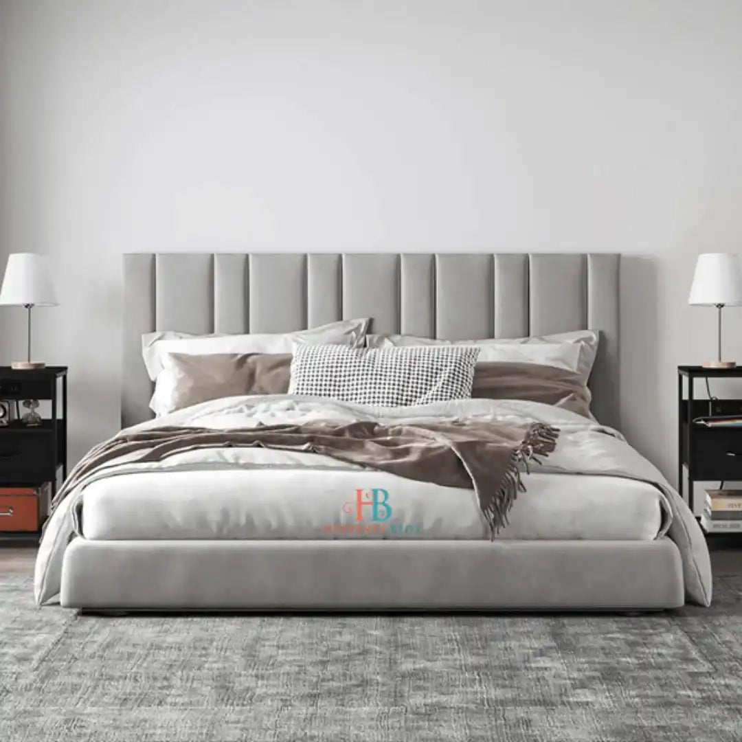 low base grey bed with panel headboard