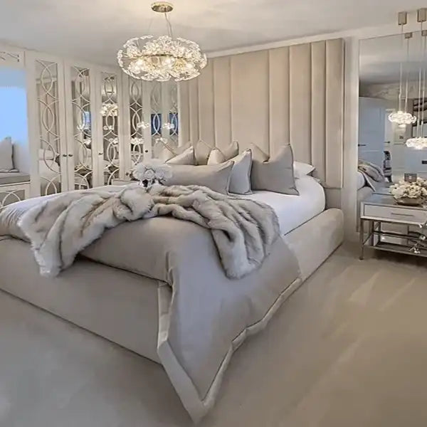 Storage Bed Frame with 95" Tall Headboard in cream plush velvet