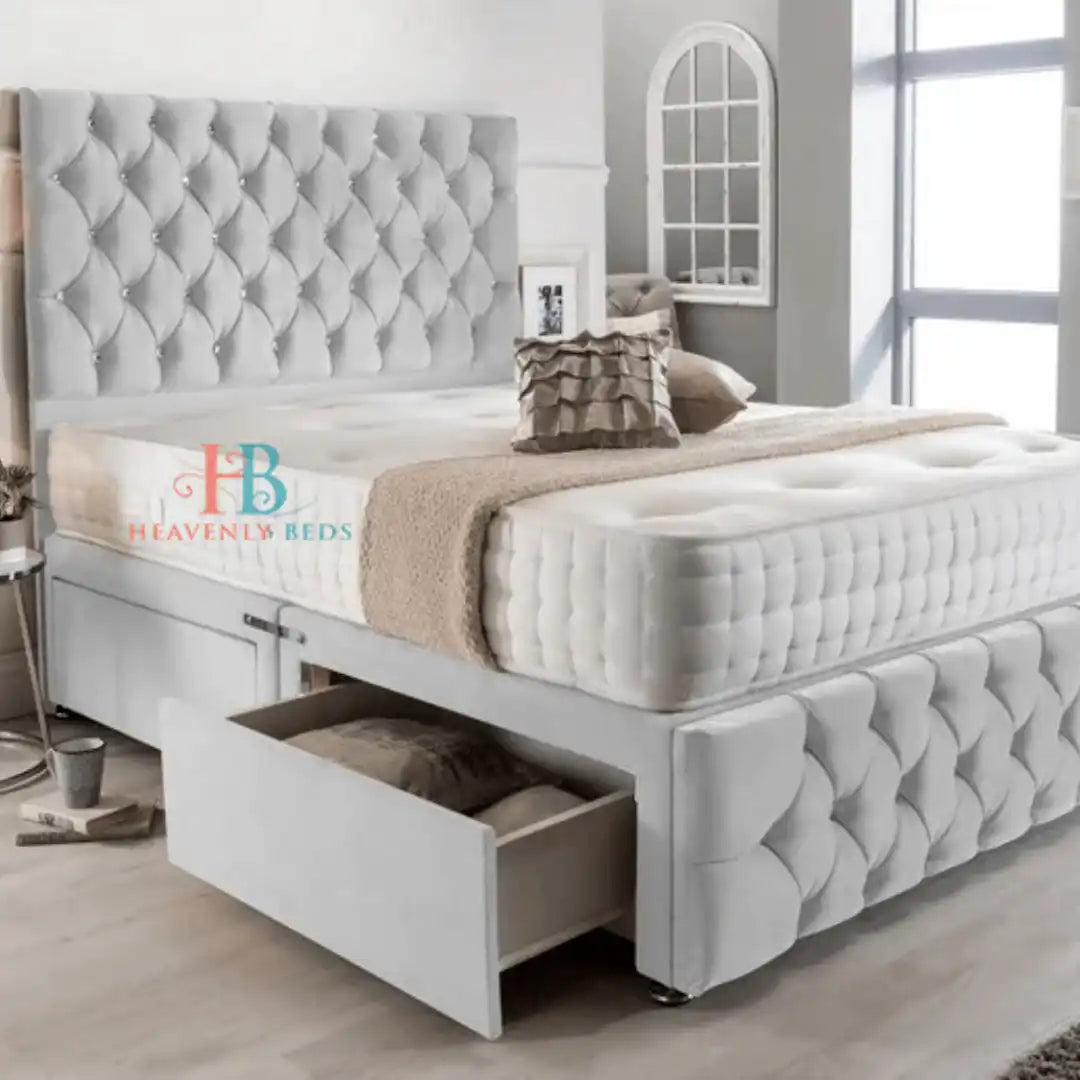 Divan Bed with 2 drawers footend in silver plush velvet