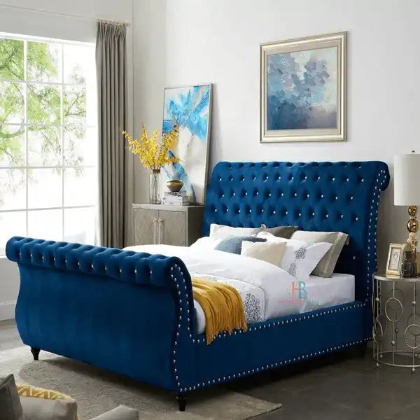 Blue ottoman sleigh storage bed - double bed
