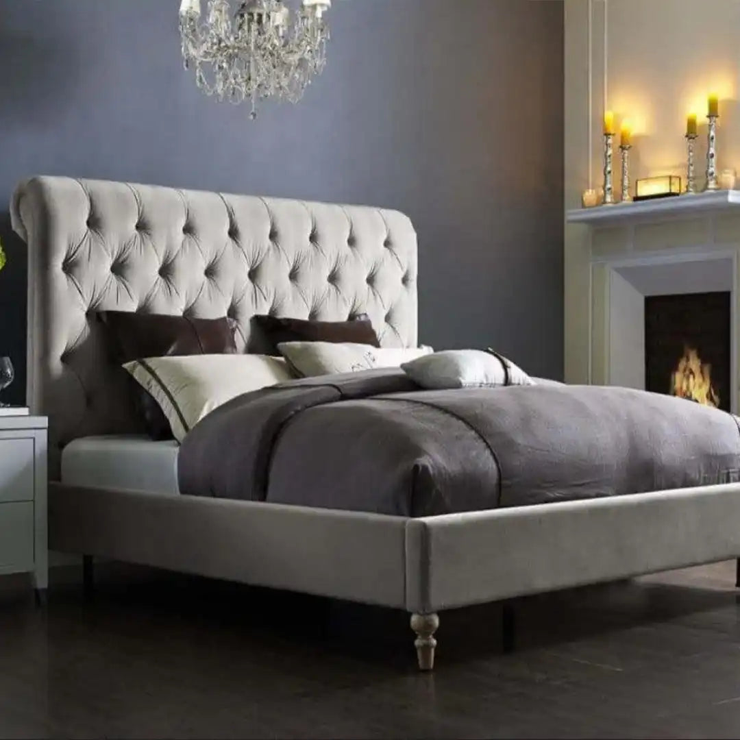 Zoey Fabric Sleigh Bed Frame - Black Wood Turned Feet