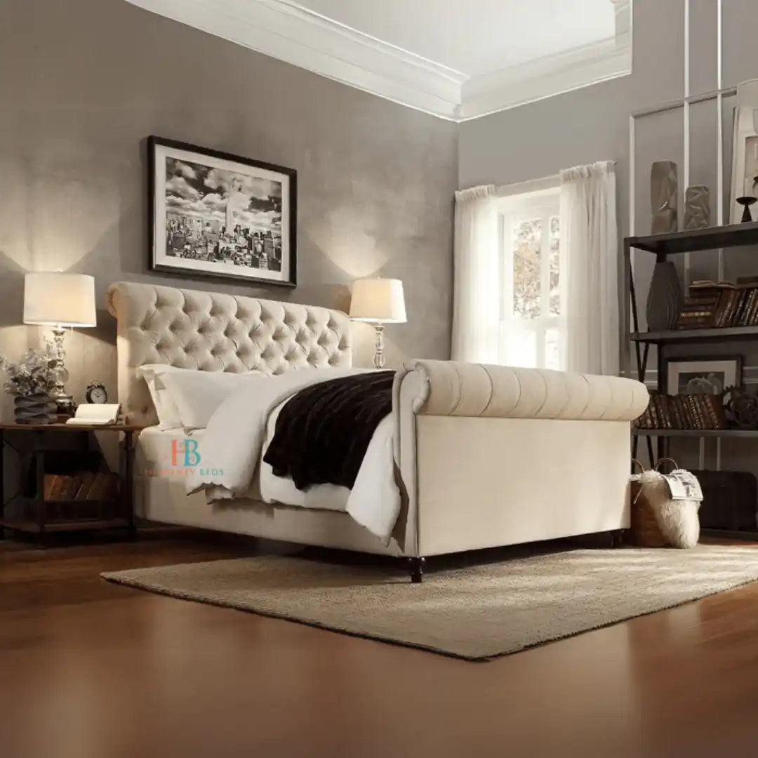 Luxury Scroll Sleigh Bed Frame in Cream Naples - Metal gas lift storage