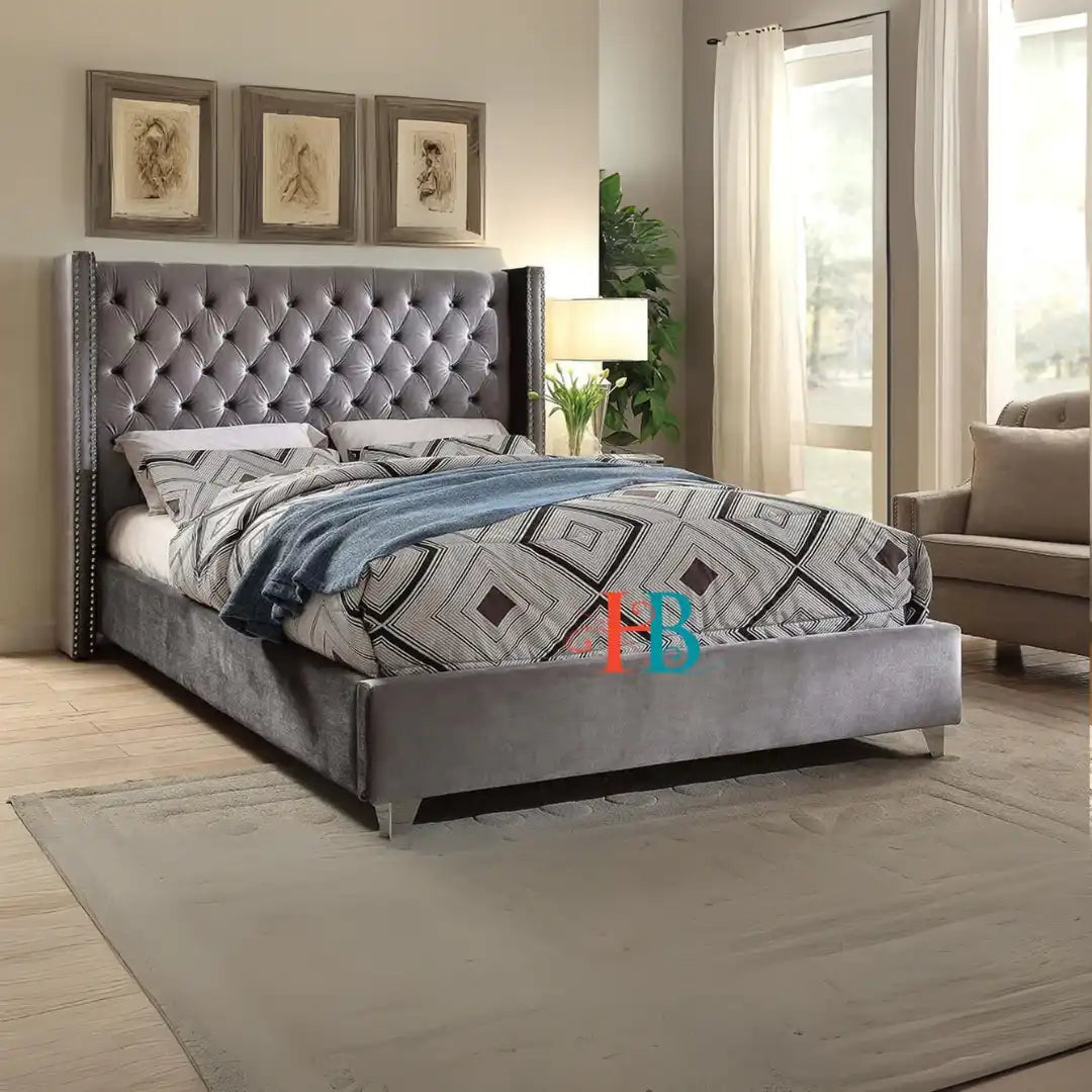 Wingback Bed Frame - 5ft Kingsize - Blue Plush Velvet + Storage