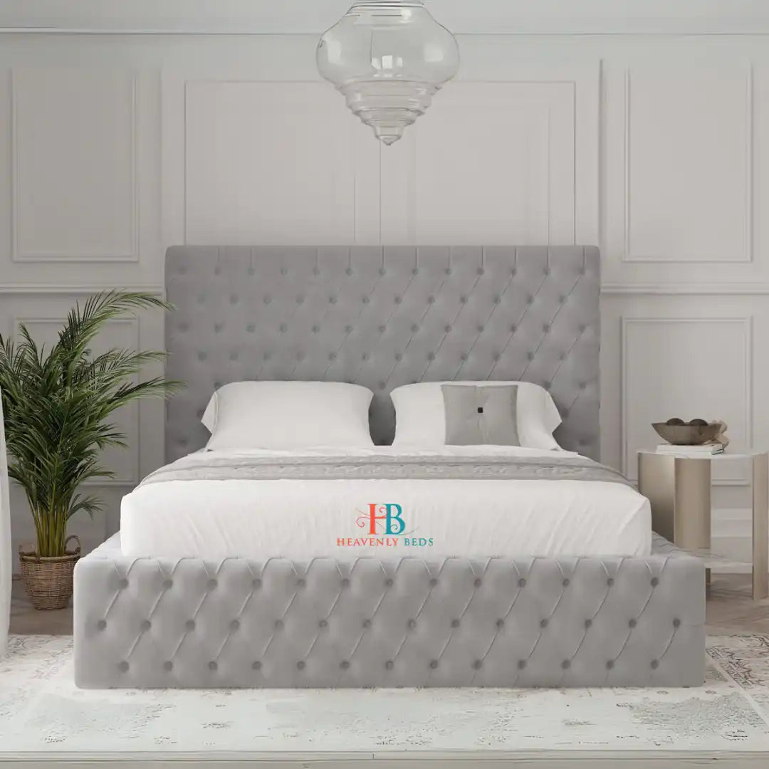 Upholstered Grey Bed + Bespoke tall headboard