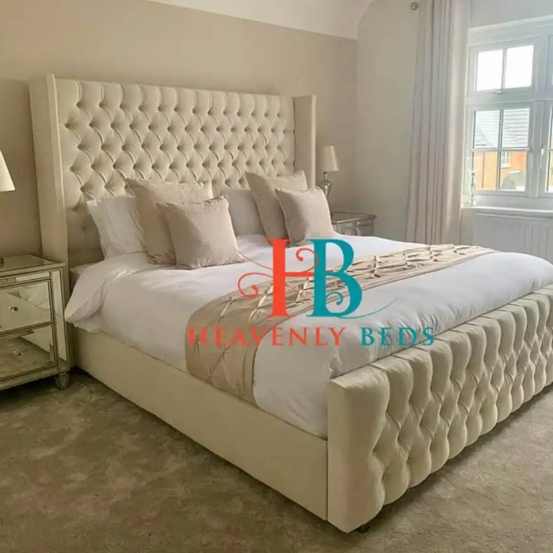 Wingback Bedframe High Footboard - 6ft Superking - Cream Plush Velvet