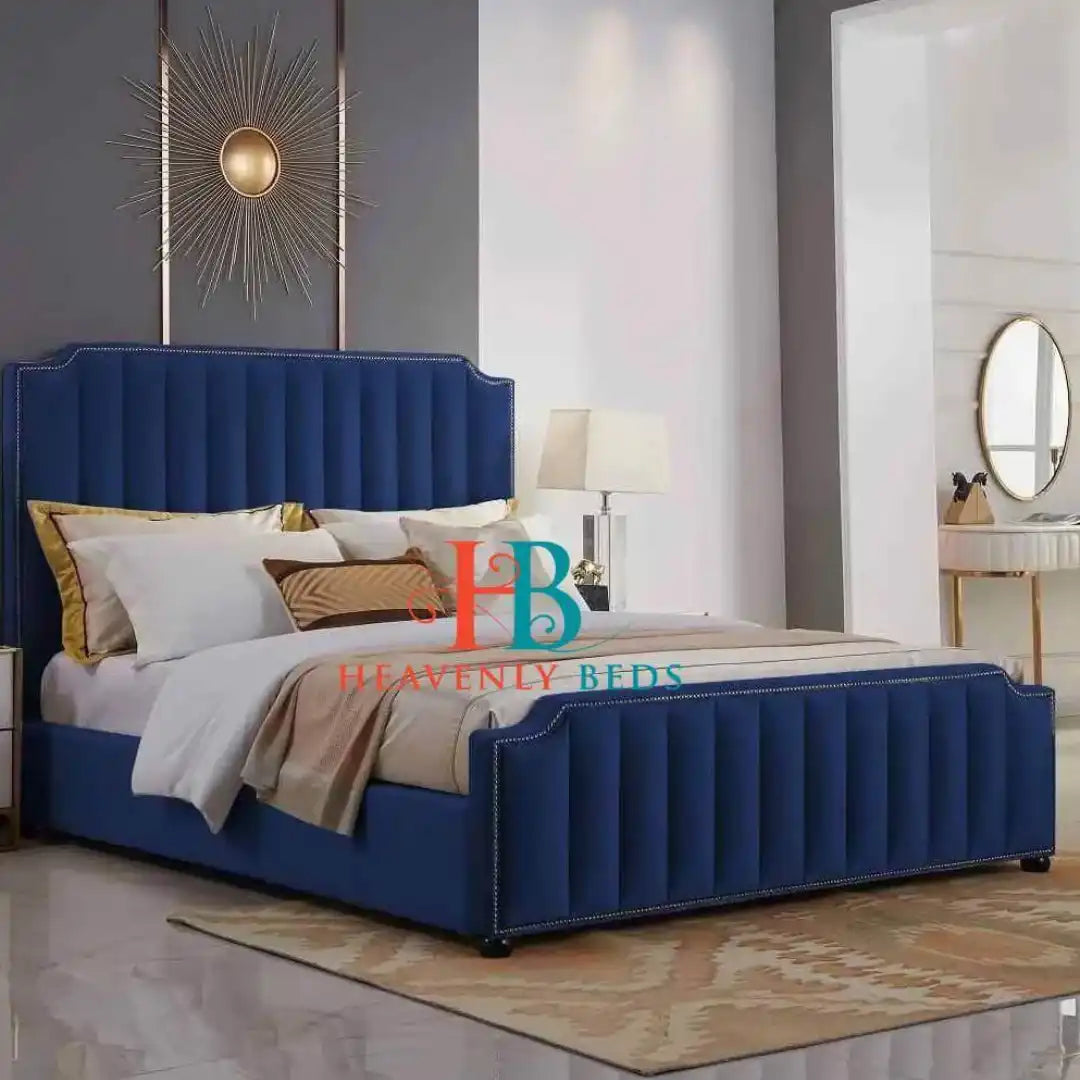 Sleigh bed frame in blue plush velvet