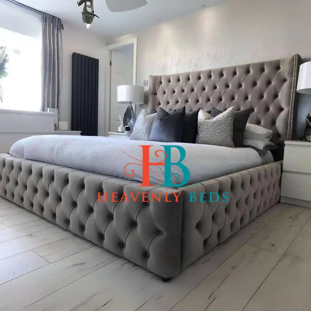 Vincent Full Chesterfield Wingback Bed Frame in grey plush velvet