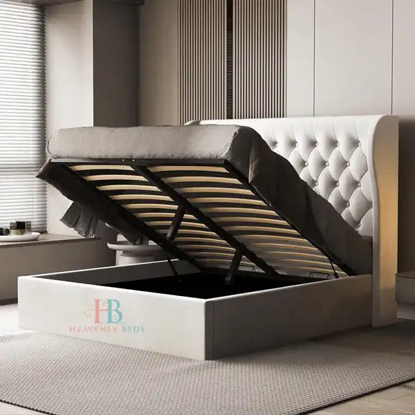 Cream Plush Velvet Storage Wingback Bedframe
