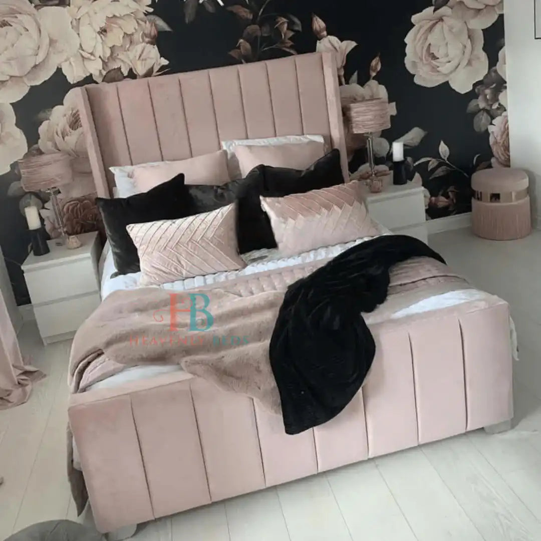 Wingback bed frame in pink plush velvet