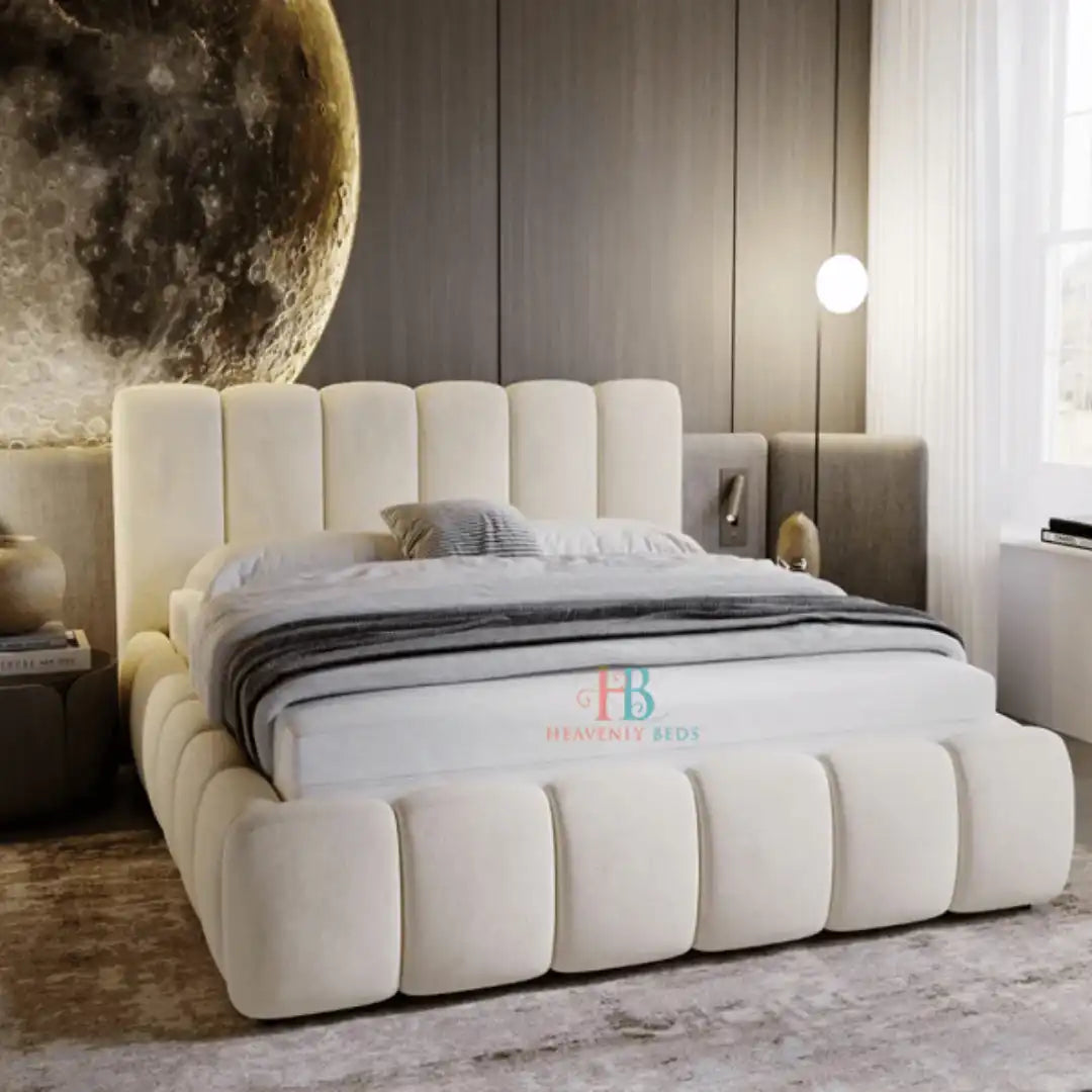 Bubble padded cream bed frame - Luxury Cushioned headboard