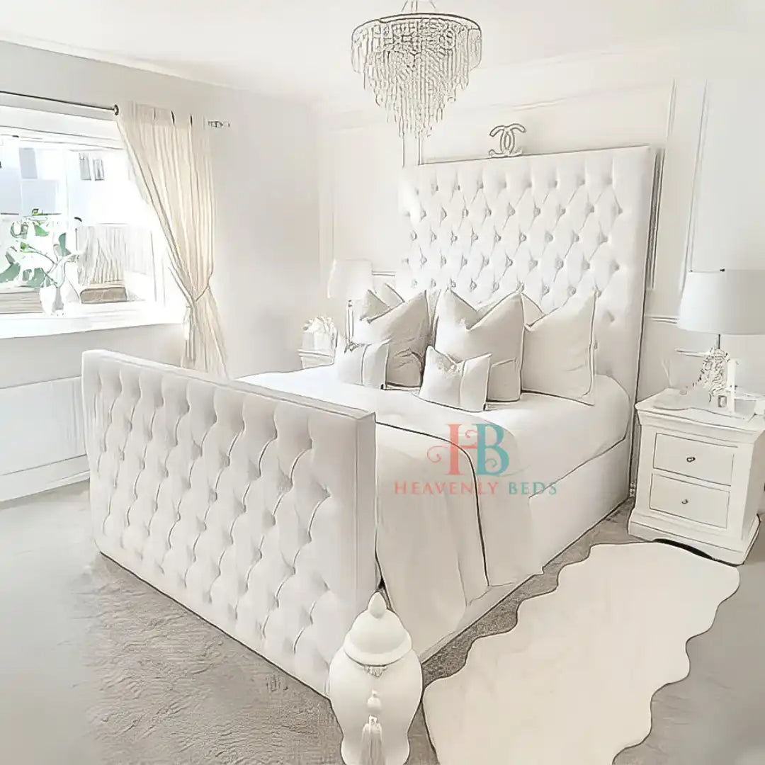 Bed Frame With Tall 75" Headboard - 5ft Kingsize - White Velvet