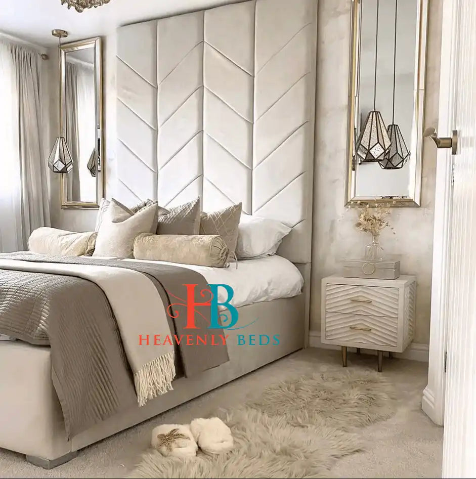 ZigZag Fabric Bedframe + Tall Headboard - 5ft Champagne Cream