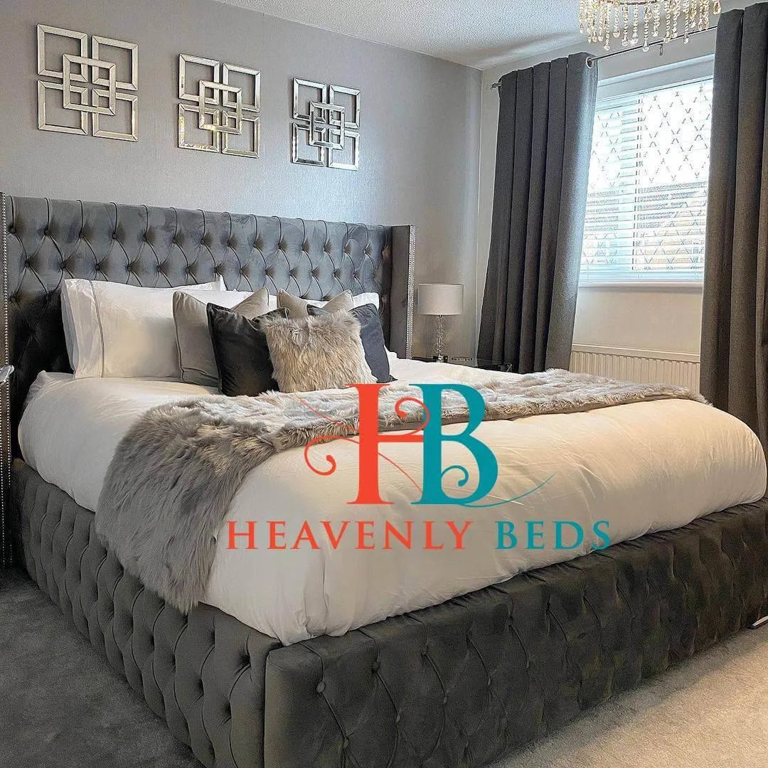 Luxury Wingback Upholstered Bed Frame in silver plush velvet