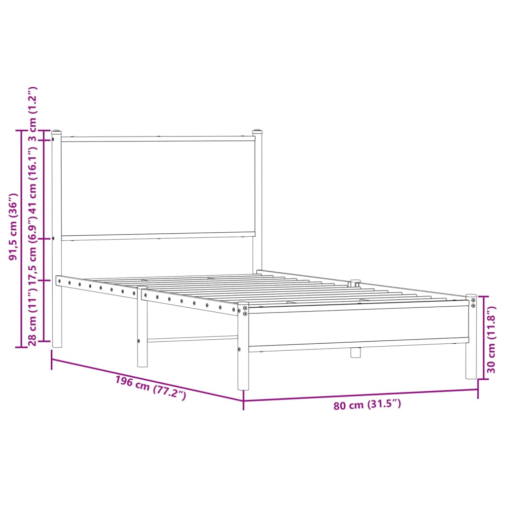 Metal Bed Frame without Mattress Brown Oak 75x190 cm Small Single