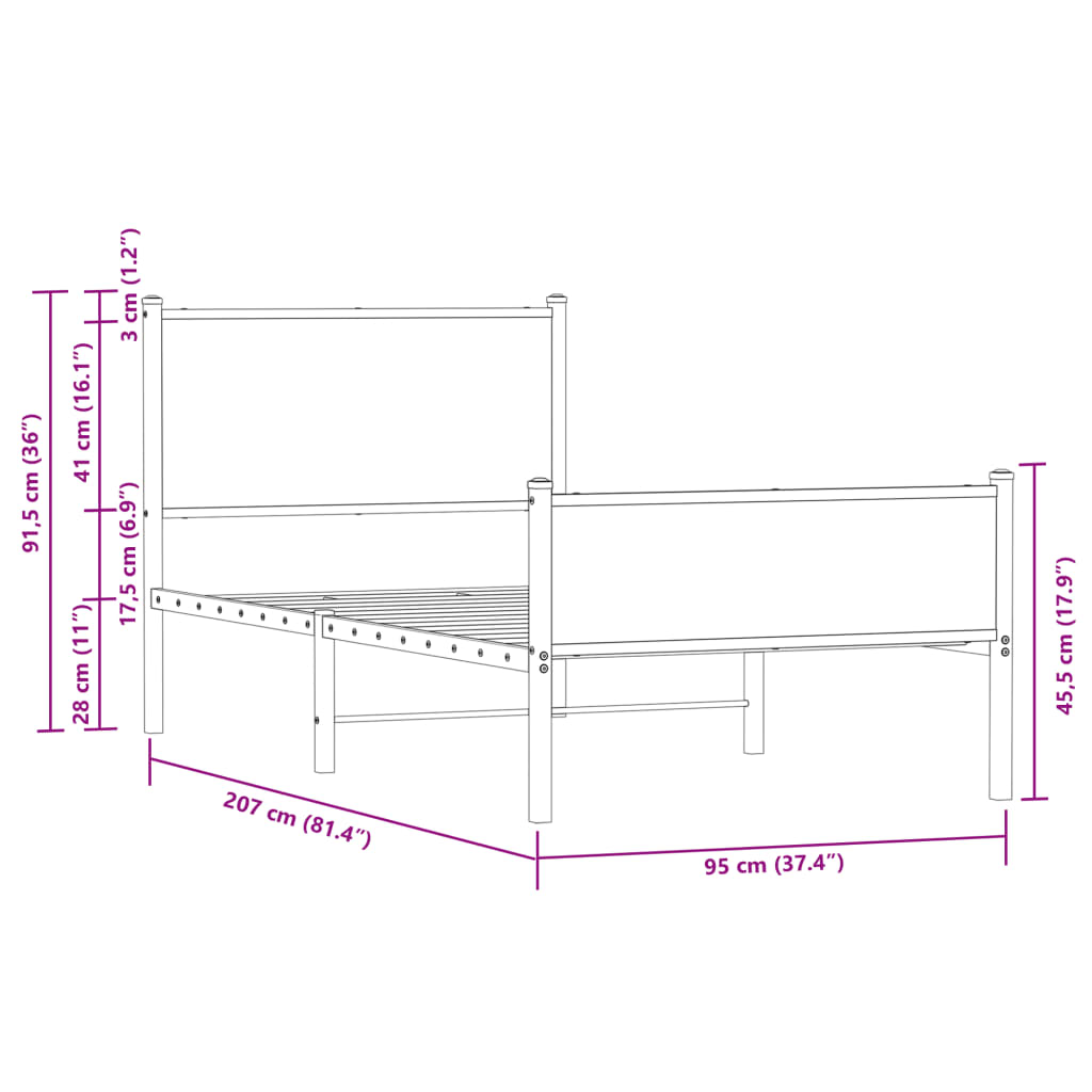 Metal Bed Frame without Mattress Brown Oak 90x200 cm