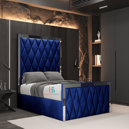 Luxury Mirror Bed Frame - 5ft Kingsize - Blue Plush Velvet