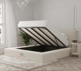 Cream upholstered bed in super king size with cvelvet fabric made by heavenlybeds