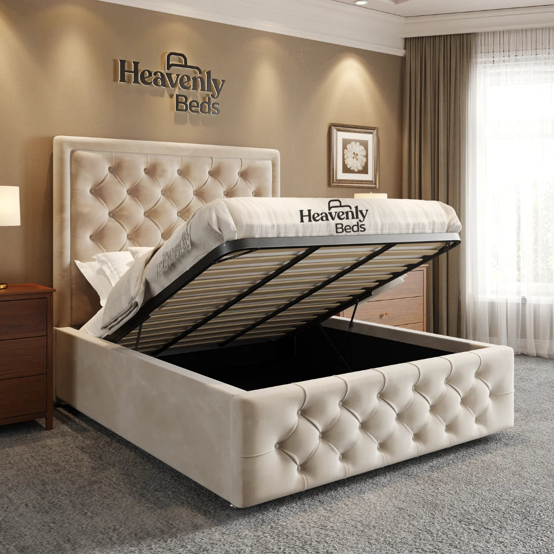 Devon Bed Devon Upholstered Ottoman Storage Bed Frame - Cream Plush Velvet ...