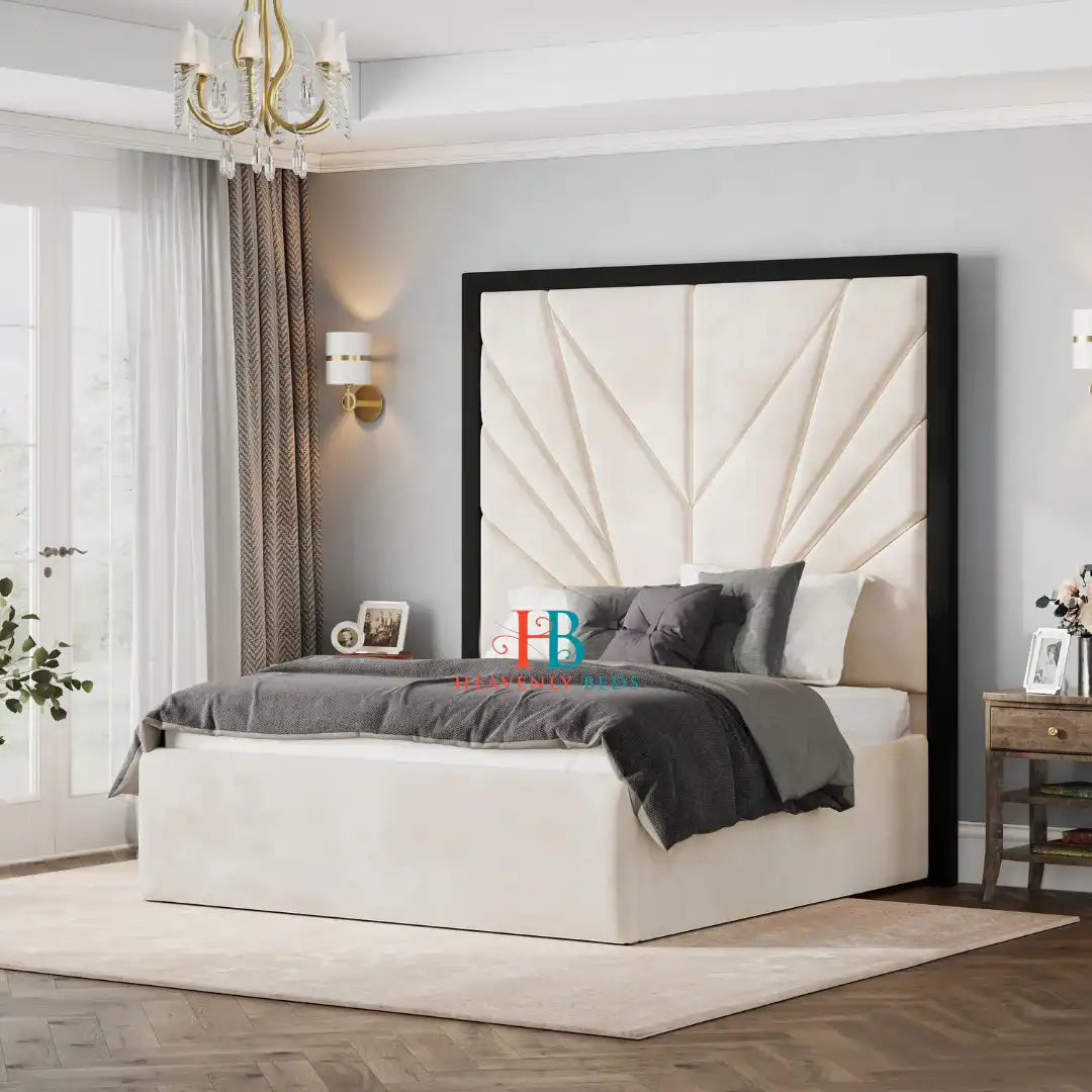 Modern bed with a Tall upholstered headboard in cream plush velvet made by Heavenlybeds