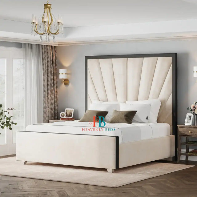 Black border bed frame - King size bed in cream plush velvet made by Heavenlybeds