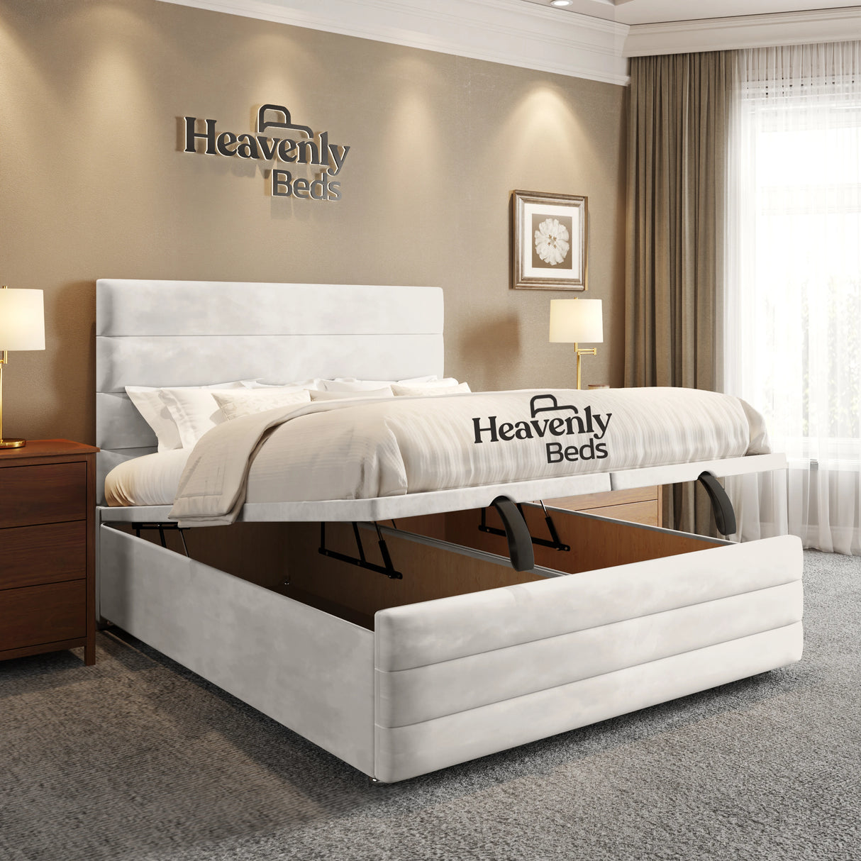 Storage bed with divan ottoman - White Plush Velvet