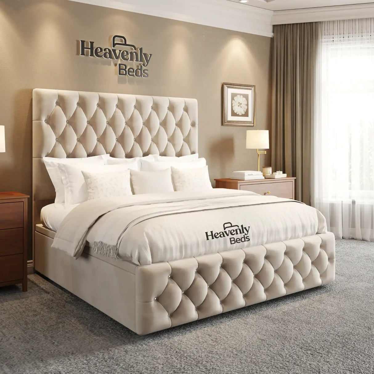 Ottoman Divan Bed in King Size in CreamPlushVelvet