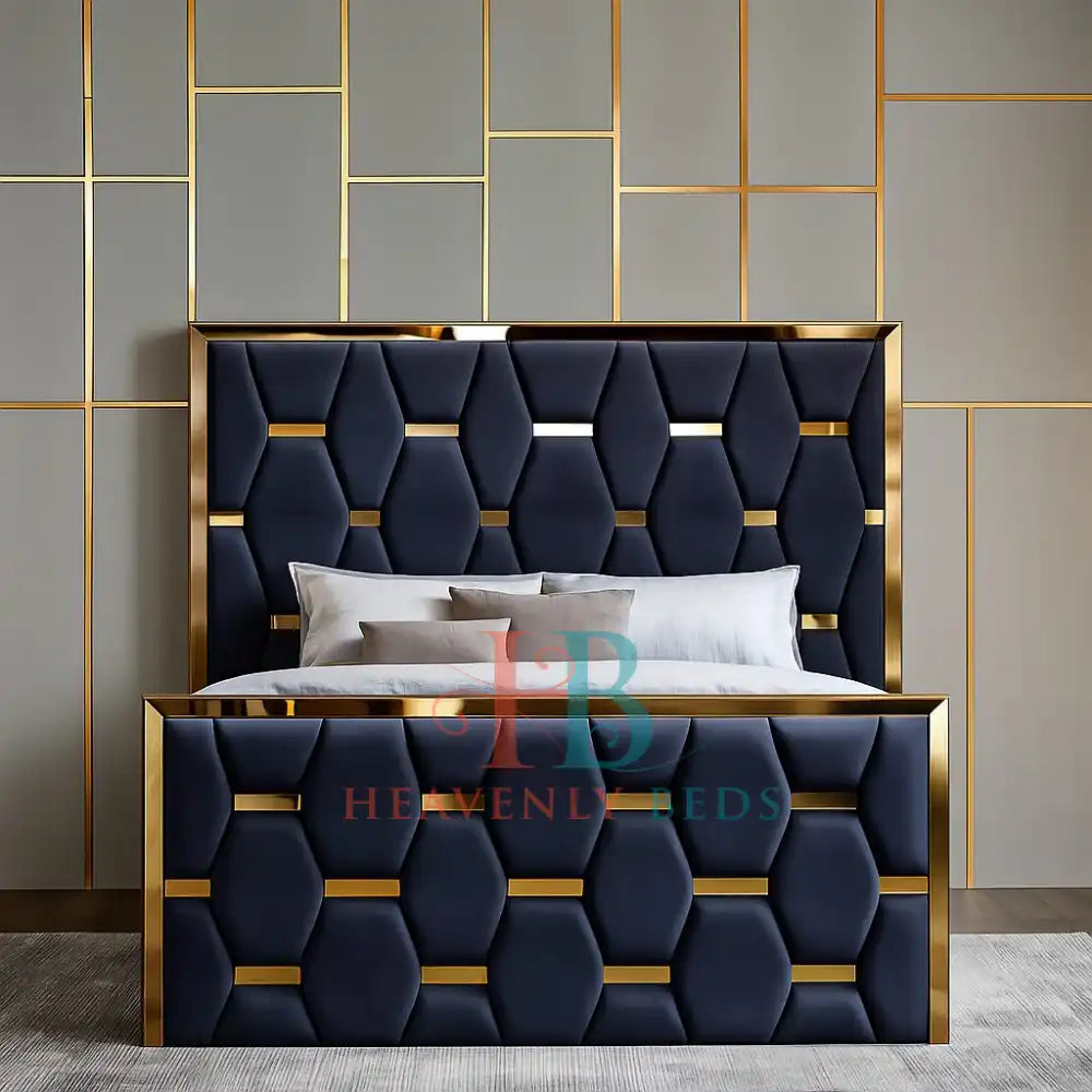 Deluxe Slate Plush Mirror Bed Frame with Gas Lift – Gold Trim Finish