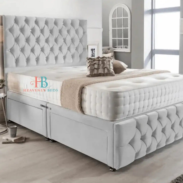 Chesterfield Divan Bed  in silver plush velvet with buttoned footboard