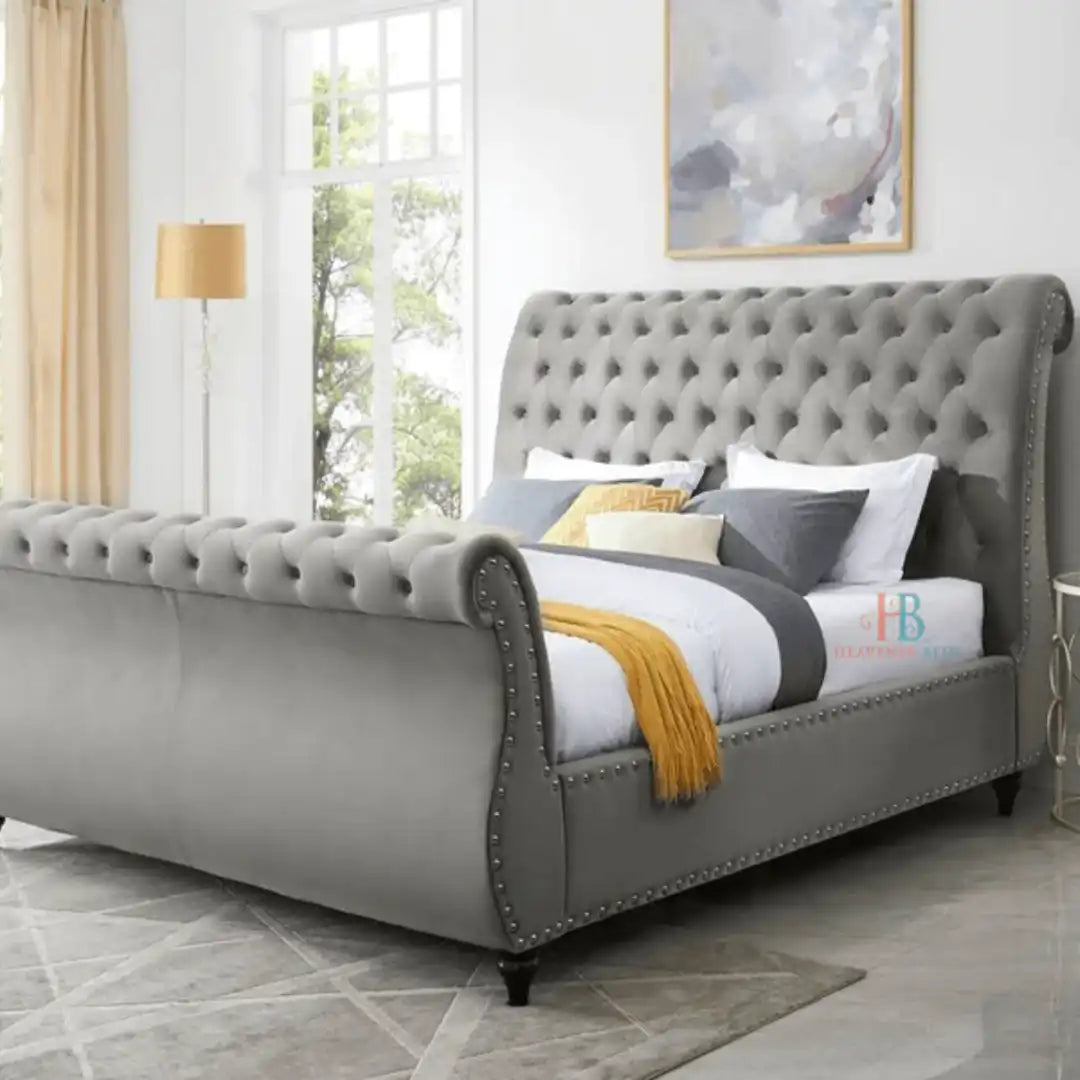 Carson Chesterfield Sleigh Bed - 5ft Kingsize - Silver Plush Velvet ...