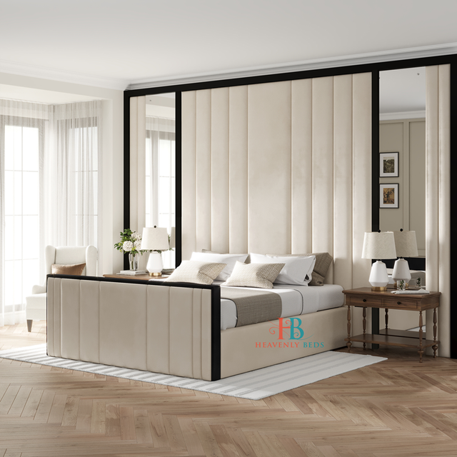 Modern bedroom with a large bed, side tables, and decorative elements.