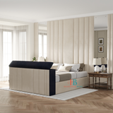 cream wall panel bed with tv 