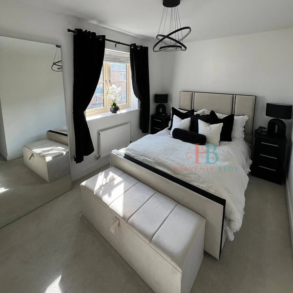 Whitney Velvet Bed Frame – Modern Panelled Headboard with Black Piping