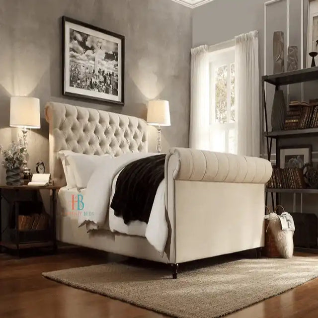 Lily Sleigh Scroll Upholstered Bed Frame - Heavenlybeds
