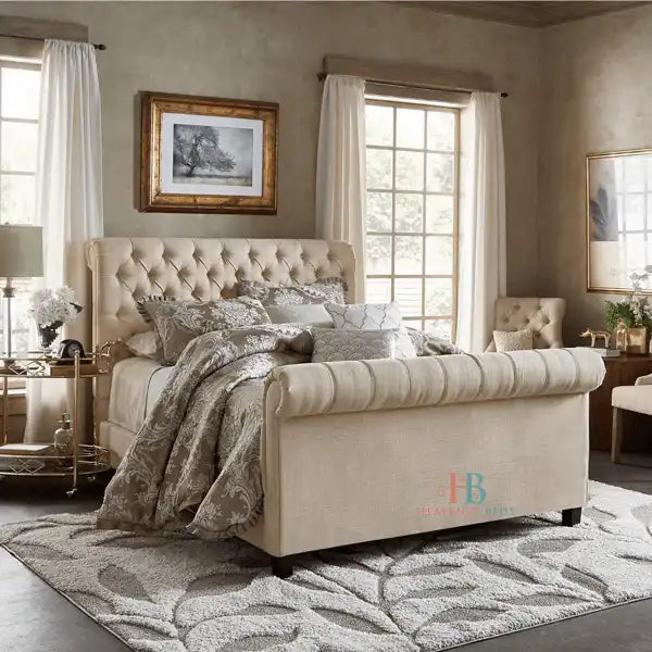 Elle Chesterfield Sleigh Bed Frame Cream 6FT Superking Heavenlybeds