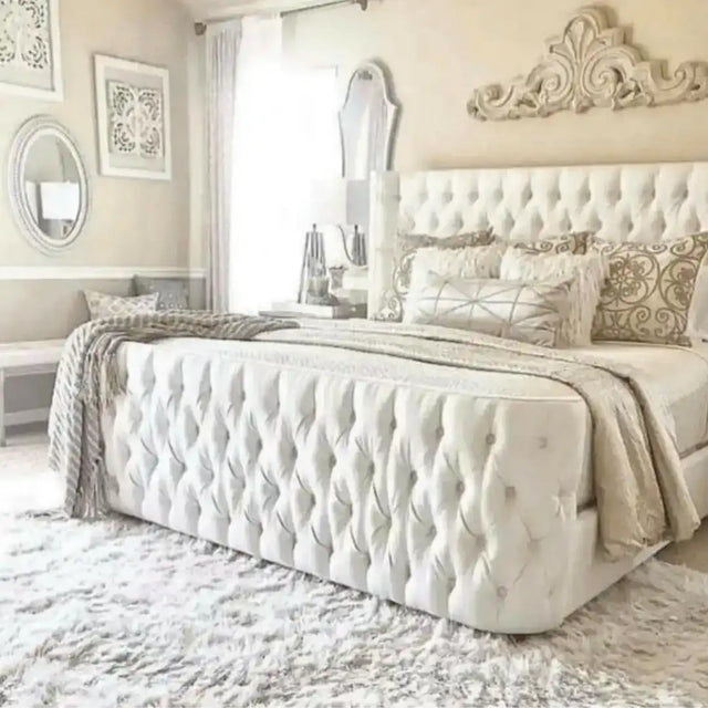 Curved Wingback Bed Frame in cream plush velvet
