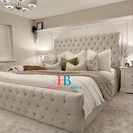 Sleigh Buttoned Bed With Storage - 5ft Kingsize - Cream Velvet